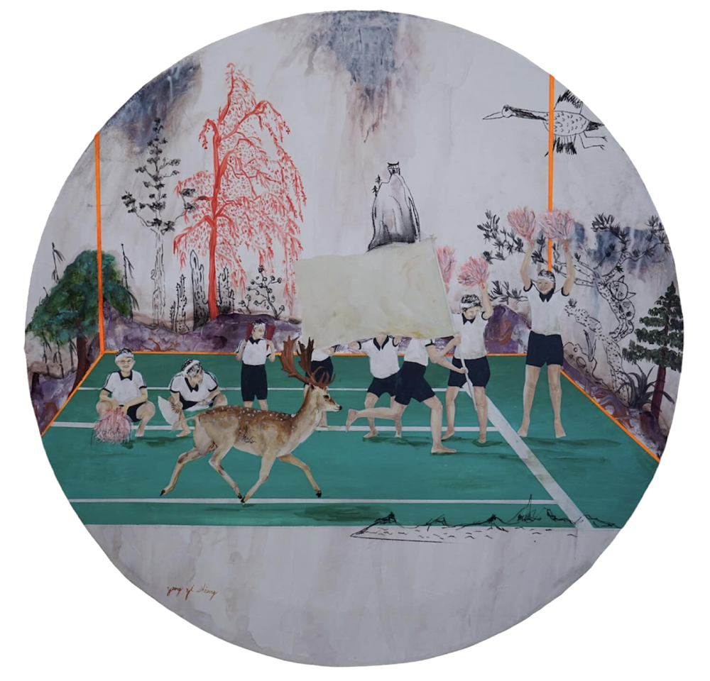 楊依香_finish line_壓克力、鉛筆於畫布_Ø50cm_2024