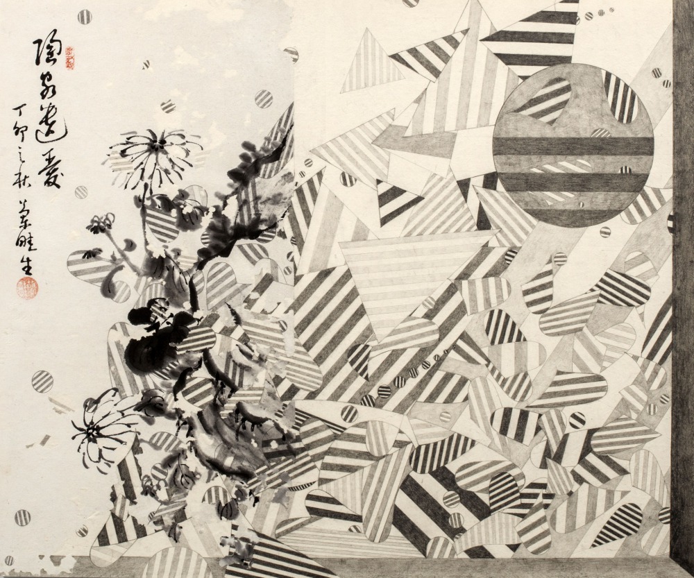 劉文瑄  對畫京都：蘭畦#3  鉛筆畫、京都跳蚤市場的水墨畫、楮皮紙  39.5x32.5x3.5cm  2016