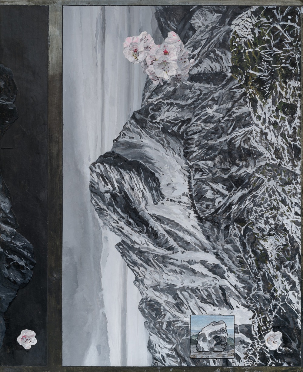 詹莊軒 山、花與石頭 89x72cm 壓克力‧炭筆‧塑型劑‧畫布 2022<br />
