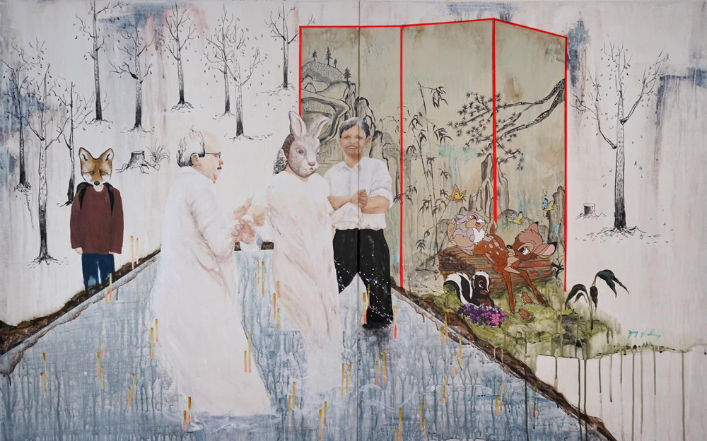 楊依香_受洗_壓克力、鉛筆於畫布_91x145cm (雙拼)_2023