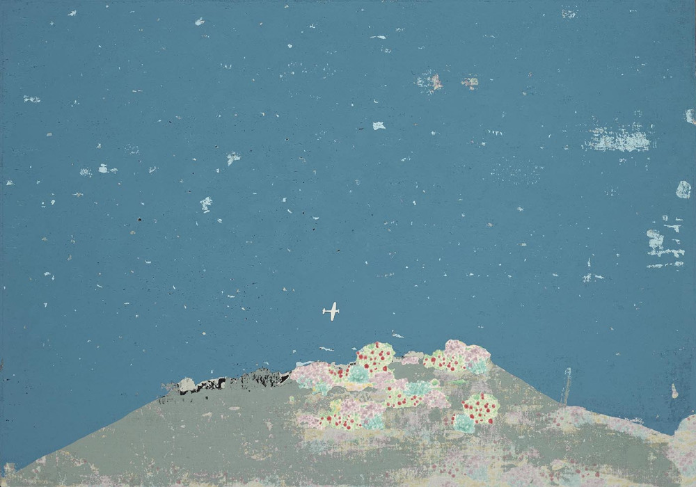 齊簡_後花園：山_丙烯、花布、金屬、磁鐵_70x100cm_2024