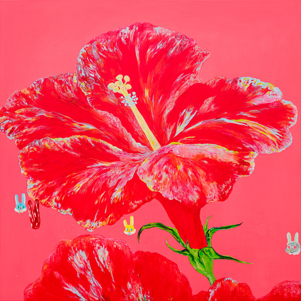 李佩姍_兔子剖面與紅色扶桑花_壓克力顏料、畫布_150x150cm_2025