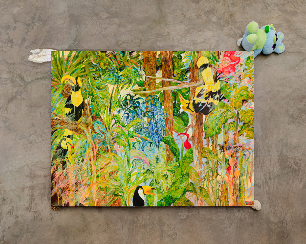 李佩姍_叢林_壓克力顏料、油彩、畫布、花枝骨、超輕黏土、現成物_97x130cm_2025