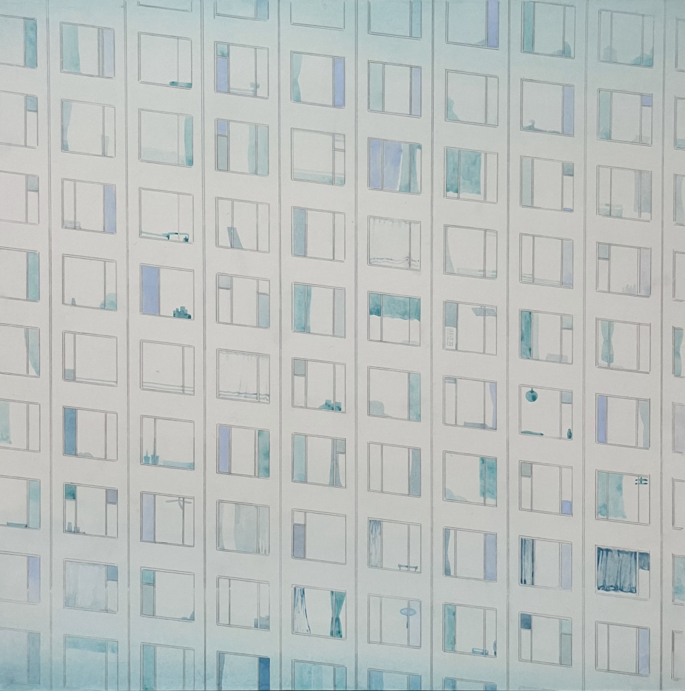 張靜雯_藍色秩序 Blue Order_墨、水干、岩繪具、箔、白麻紙_91x91cm_2025