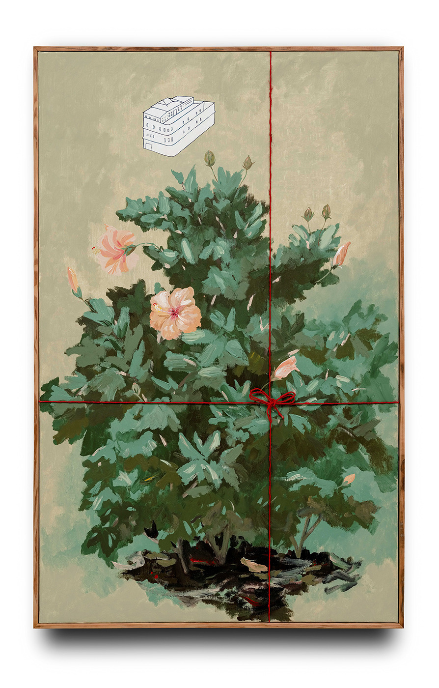 郭弘坤_朱槿花_畫布壓克力、木構、麻線_135×85_2017