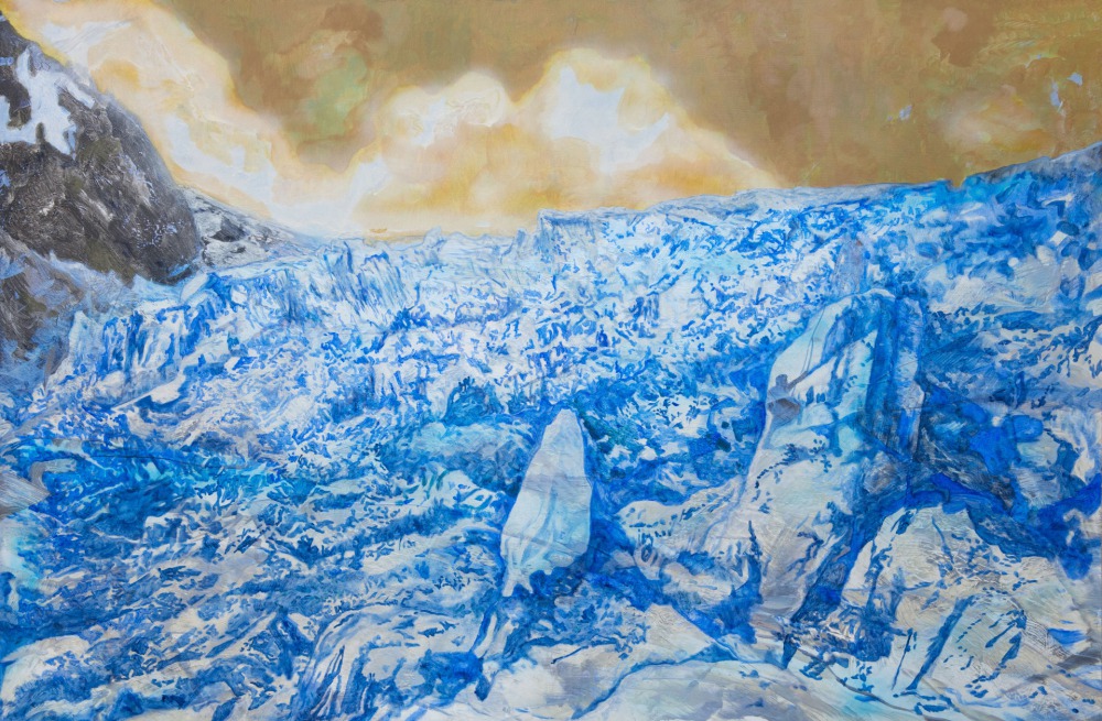 許聖泓 Glacier 100x150cm 合成色粉 ‧ 天然色粉(青金石) ‧ 噴漆 ‧ 油彩 ‧ 壓克力顏料 ‧ 畫布 2020-2021<br />