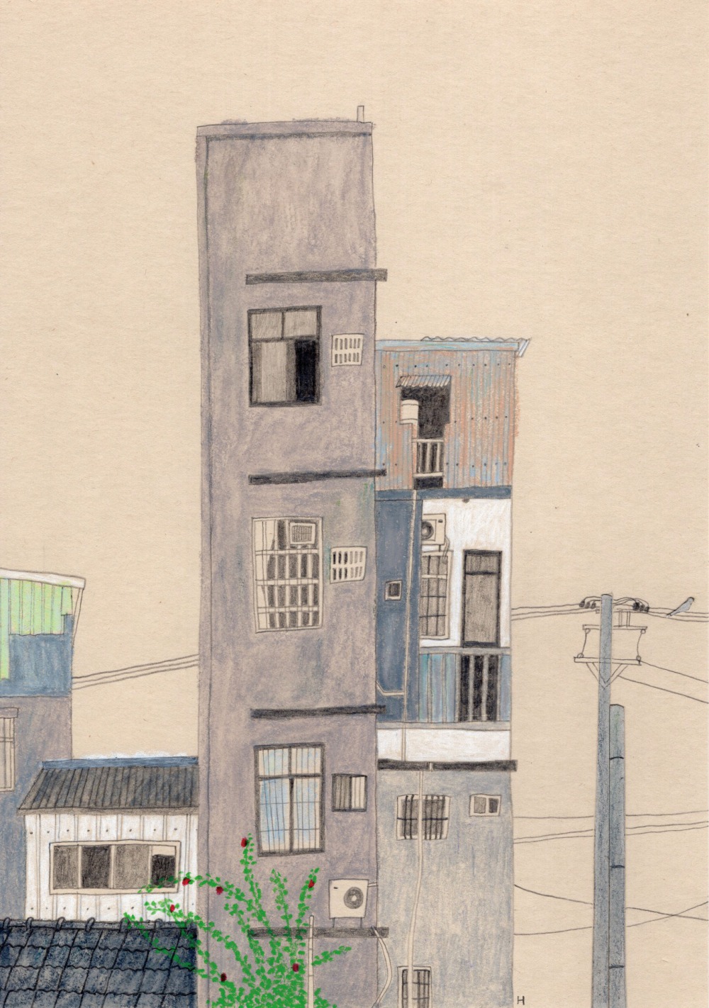 薛慧瑩 路邊風景6 21x29.7cm 蠟筆、鉛筆、拼貼 2022<br />