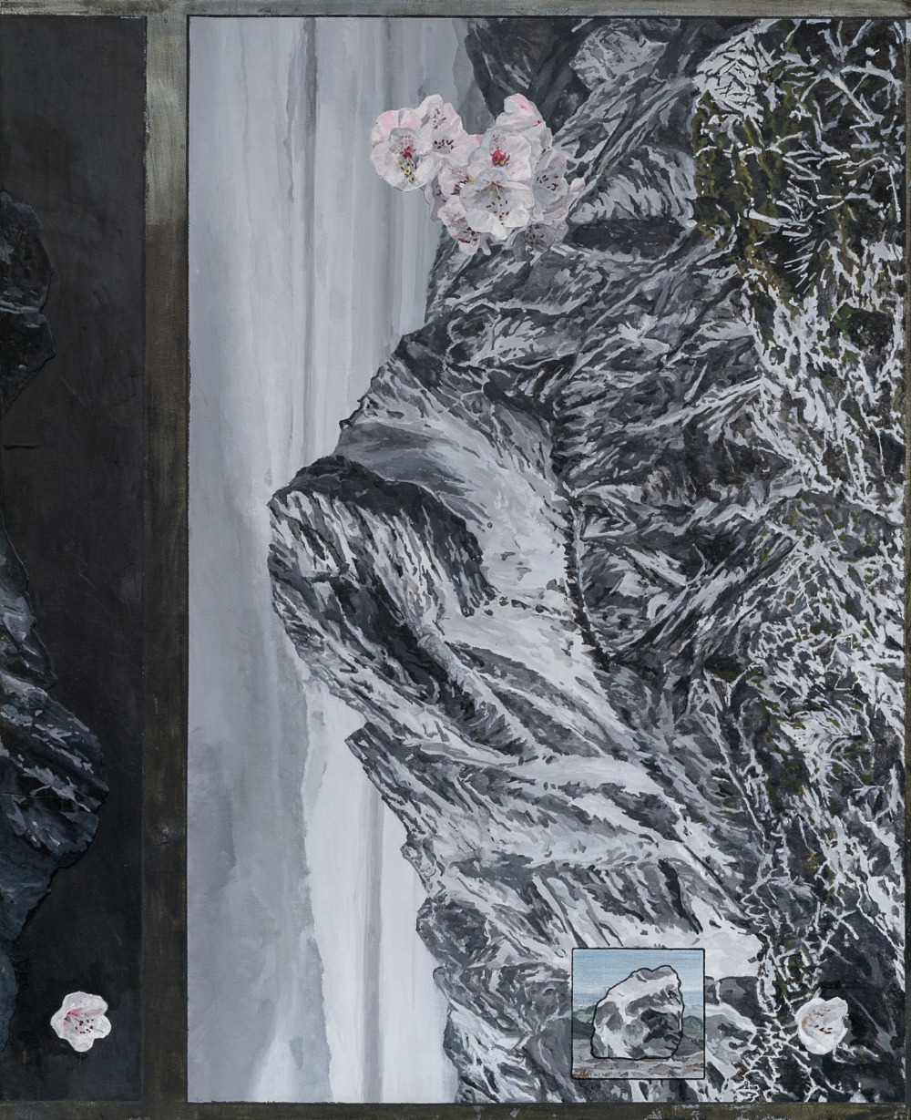 詹莊軒 山、花與石頭 89x72cm 壓克力‧炭筆‧塑型劑‧畫布 2022<br />