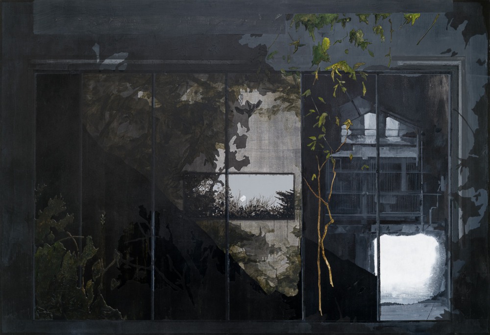 詹莊軒 灰霧的出⼝ 89x130cm 壓克力‧鉛筆‧色鉛筆‧炭筆‧塑型劑‧畫布 2022