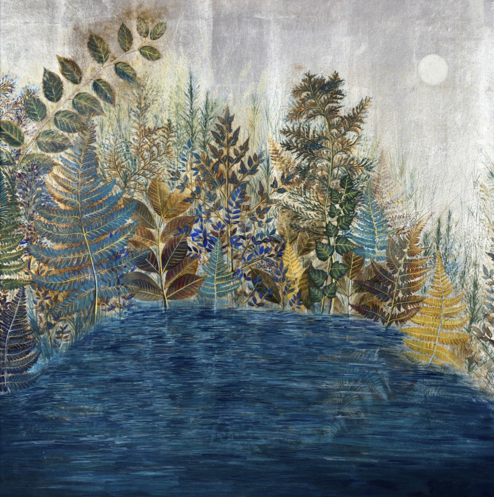 吳逸萱 葉之森-Gathering 91x91cm 礦物顏料‧純銀箔‧高知麻紙 2018