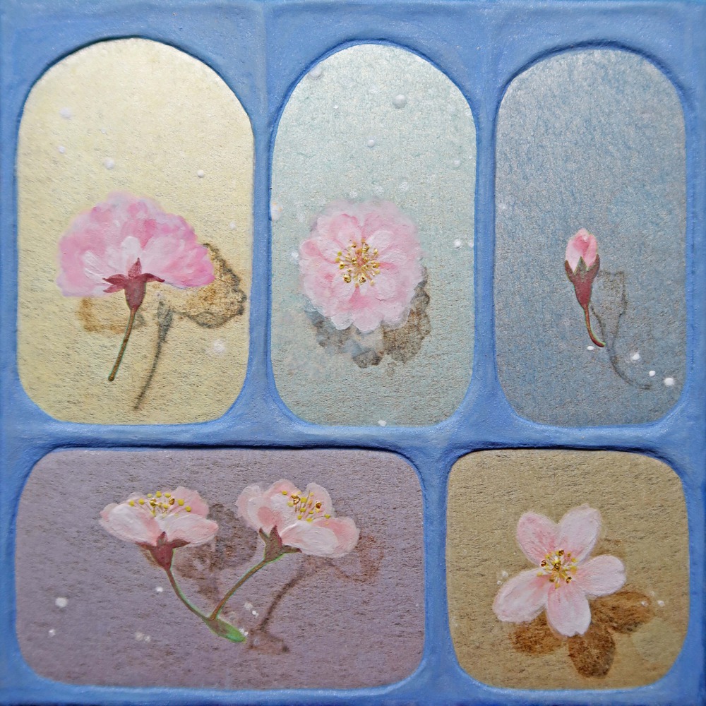 吳逸萱 春日寶石箱 18x18cm 礦物顏料‧純金泥‧純金箔‧純銀箔‧楮紙‧雲肌麻紙 2021