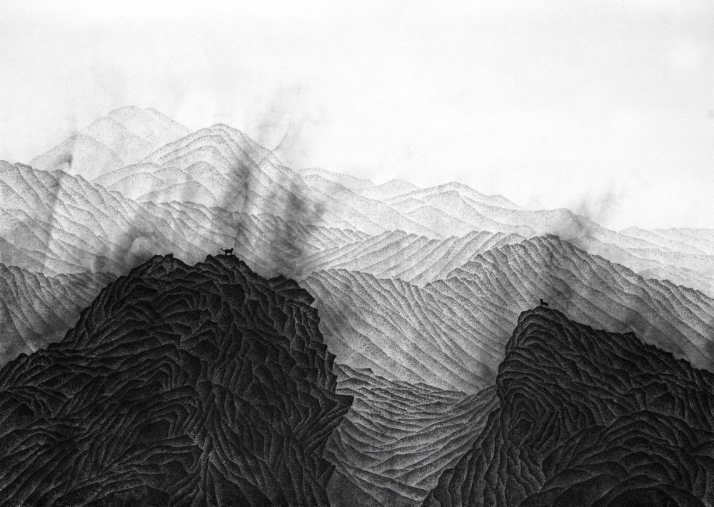 陶綱 相遇(1) -60x85cm 水墨、紙本、雲母、礦物顏料 2023